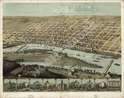 Panoramic Map of Saginaw City Michigan 16x20