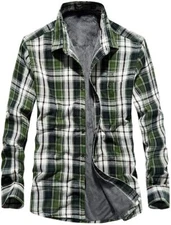 Men's Comfy Spread Collar Fleece-Lined Button Down Plaid Shirt Top Green S