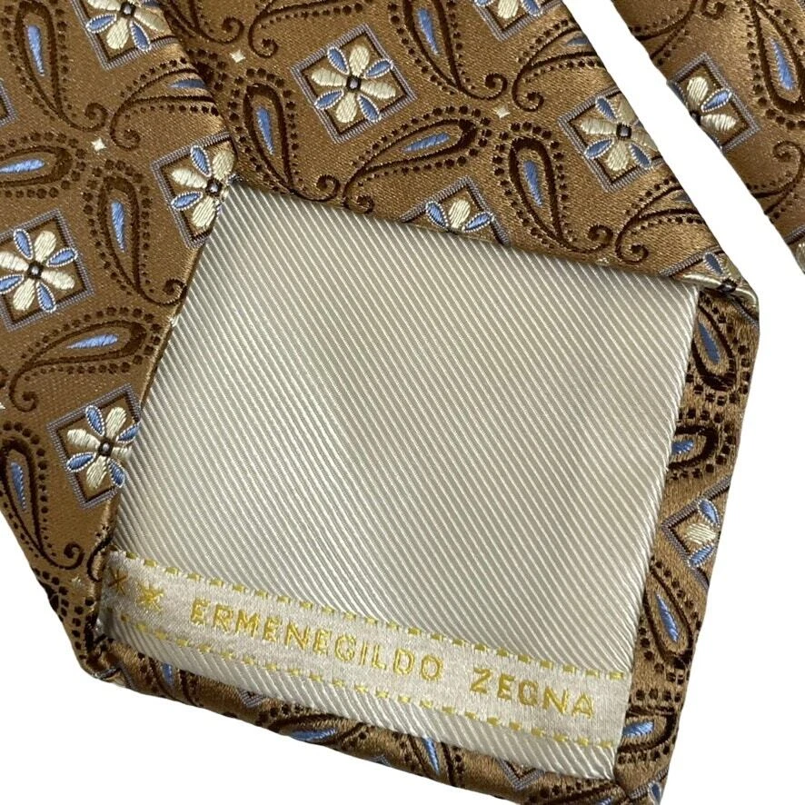 Ermenegildo Zegna Men's Necktie Tie" Silk Gold Blue Paisley Geometric Pattern - Image 4 of 4
