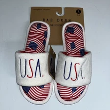 Rae Dunn Women’s Slippers Size Small 5-6 Patriotic USA American Flag 4th Of July