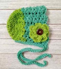 crochet handmade baby bonnet flower hat newborn sandcastle green new