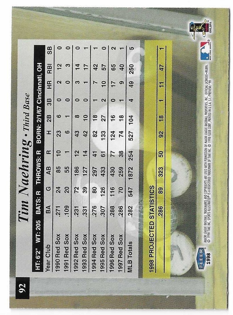 1998 Sports Illustrated Baseball Tim Naehring Card #92 Boston Red