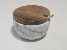Heshibi Salt Cellar Marble Bowl Wood Lid w/ Spoon and Box 