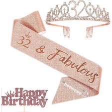 Womans 32nd Birthday Sash  Tiara Crown Cake Topper Rose Gold Party Supplies