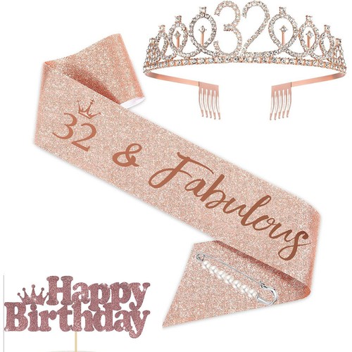 Womans 32nd Birthday Sash & Tiara Crown Cake Topper Rose Gold Party Supplies