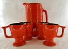 Vintage Frankoma Flame Red Orange Brown 9.5” Tall Pitcher 4 Pedestal Cups.