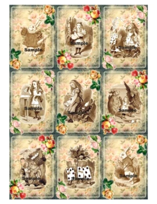 Alice in Wonderland Floral Background 9 x DIY Gift tag Craft Card Topper Journal - image 1 of 2