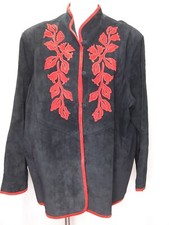 Vintage Linea Louis Dell' Olio Womens Black Red Applique Lined Leather Coat 2x