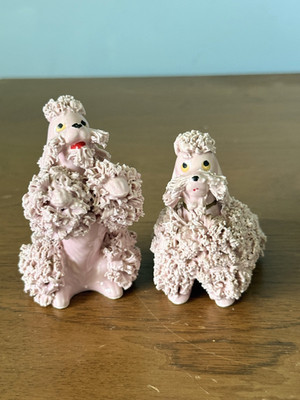 Pink Spaghetti Glass Poodle Figurines! Mid Century 50's Dog Figurines! Kitsch!