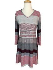 Robert Louis Maroon Gray Geometric Boho V-Neck Dress