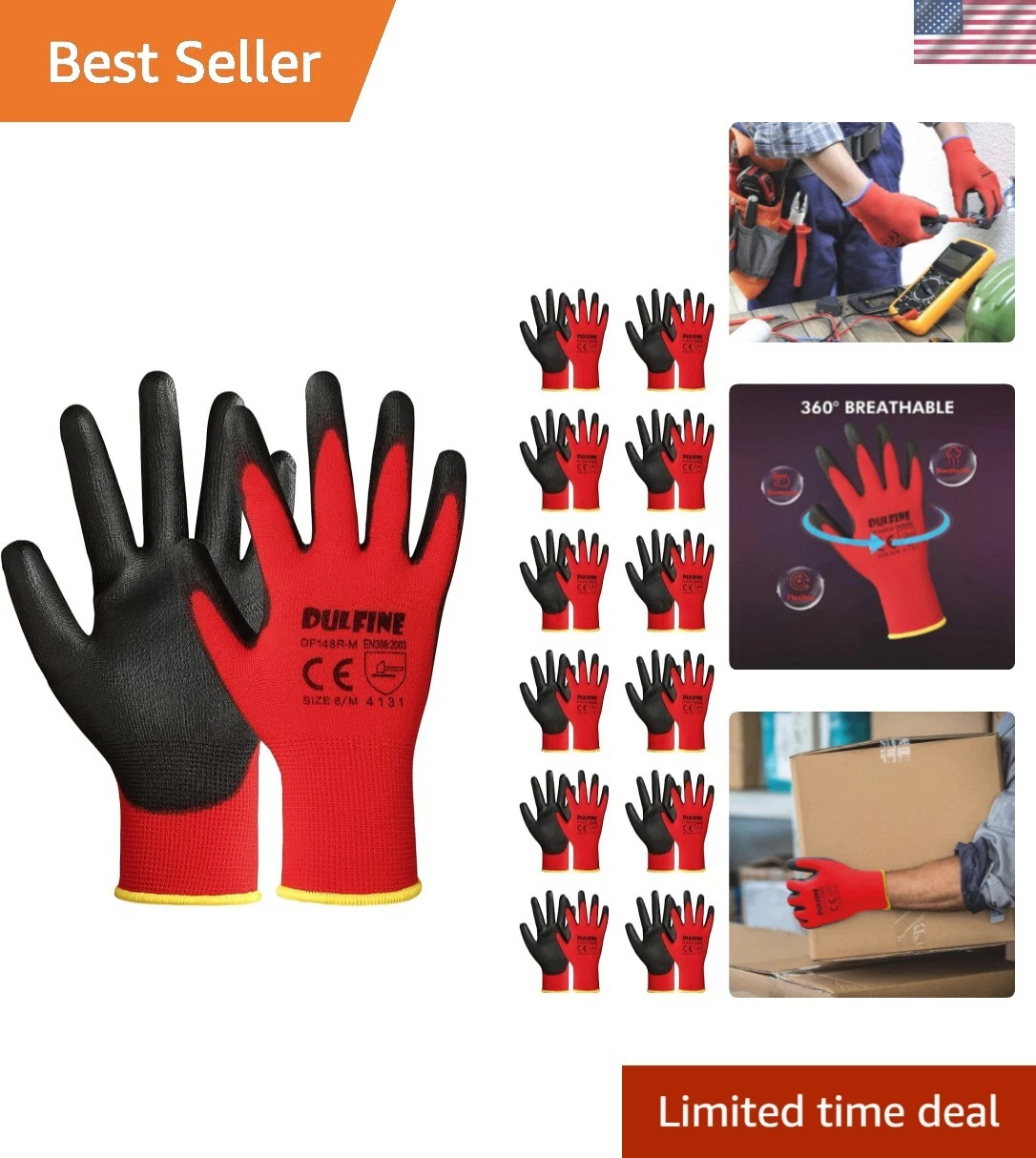 Safety Work Gloves PU Coated-12 Pairs,Red Seamless Knit Glove with Polyuretha...