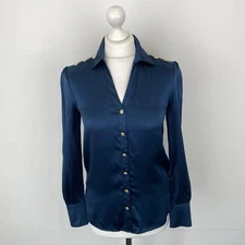 Holland Cooper Blue Silk Shirt Blouse Gold Buttons Size 6 UK Ladies