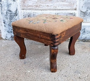 Antique Victorian Square Wood Floral Needlepoint Foot Stool