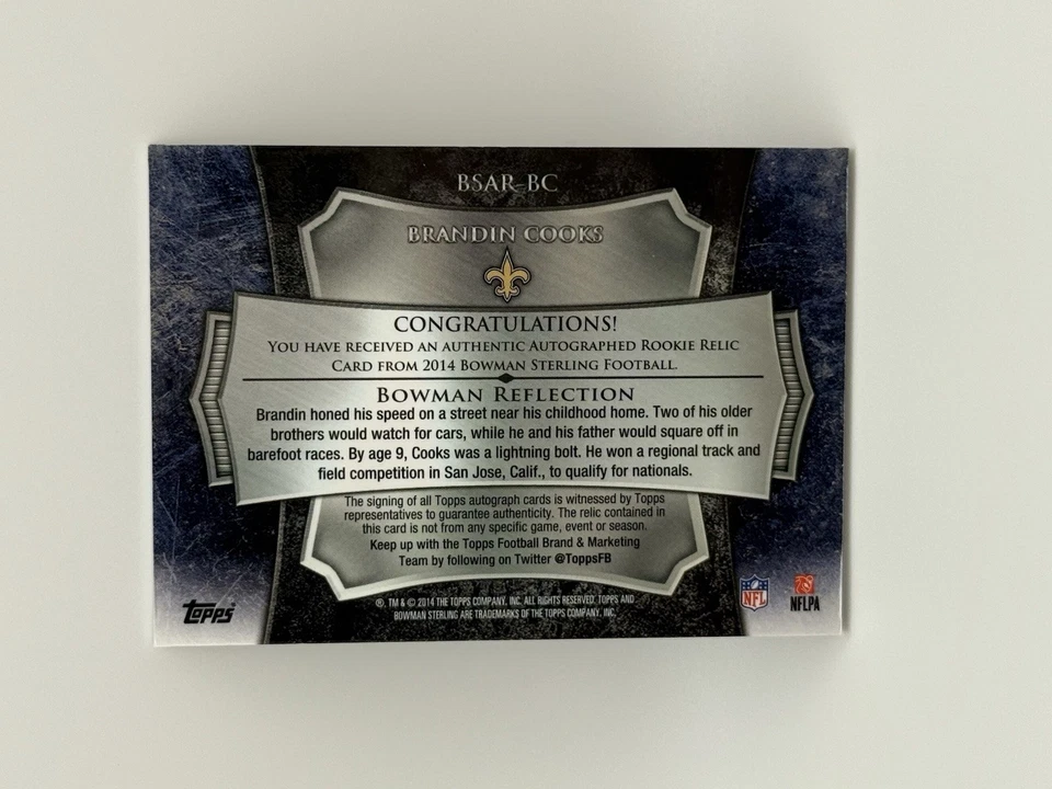 2014 年 Bowman Sterling - 新秀遗物 Brandin Cooks #BSAR-BC /25(AU、MEM、RC) — 第 2/2 张图片