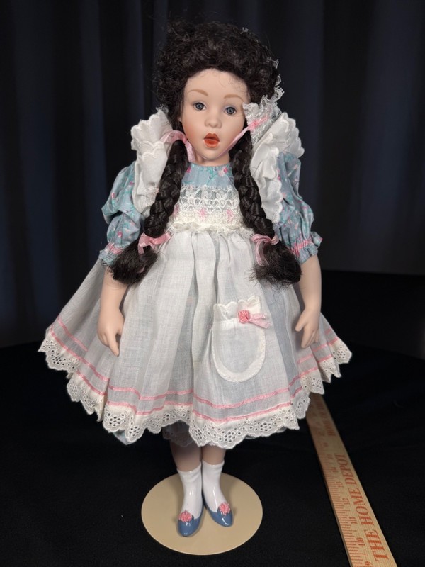 Franklin Heirloom porcelain doll w/ basket of flowers and watering can