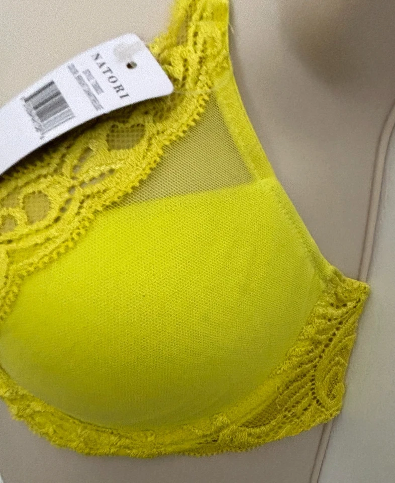 NUEVO CON ETIQUETAS SUJETADOR CON AROS NATORI 34B PLUMAS PLUNGE 730023 Chartreuse Amarillo Encaje Foto 3 de 4