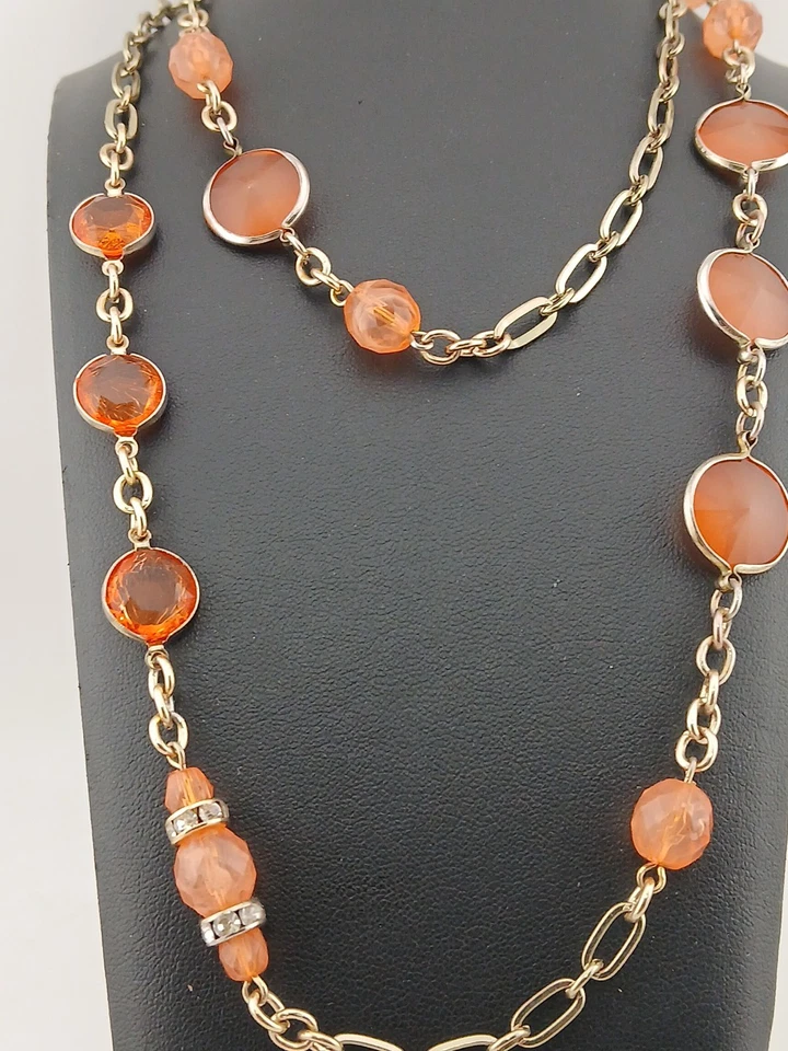 ANNE TAYLOR goldtone peachy/orange beads & bezel set stones stations necklace  - Image 2 of 4