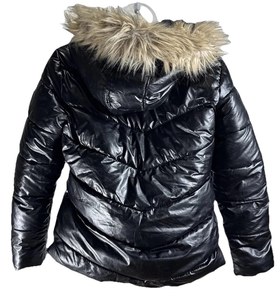 JUICY COUTURE Faux Fur Trim Hooded Black Down/ Feathers Bomber Zip Jacket Sz 14 - Image 3 of 4