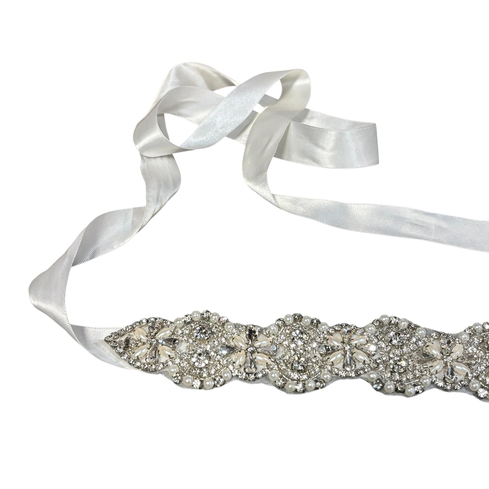 Bridal Wedding Sash Belt Womens One Size White Satin Rhinestone Pearl Beaded