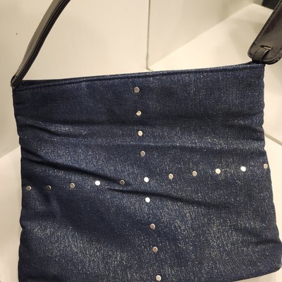 Chic Dark Blue Metallic Denim Studded Shoulder Bag Purse Zipper Closure