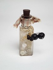 Vintage Style Glass Bottle with Mother of Pearl Buttons, Cork & Rusty Bells