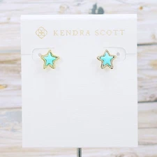 NWT Kendra Scott Jae Star Light Blue Magnesite Stud Earrings Gold Tone
