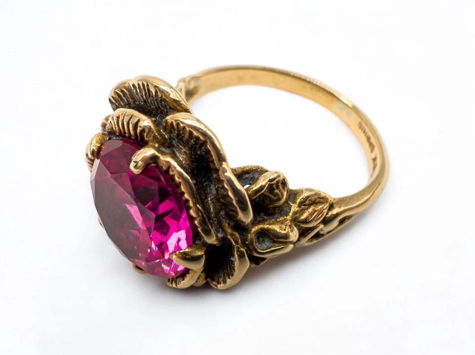 Vintage 10K Gold Ring with Large 6.5 Ct Ruby Floral Setting Signed Spring - image 3 of 4