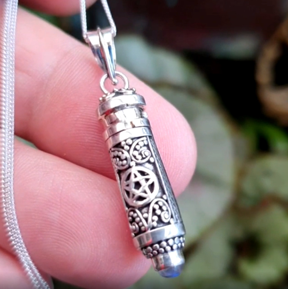 Moonstone Poison Bottle Pendant Pentacle Locket Vial 925 Silver Jewellery & Box