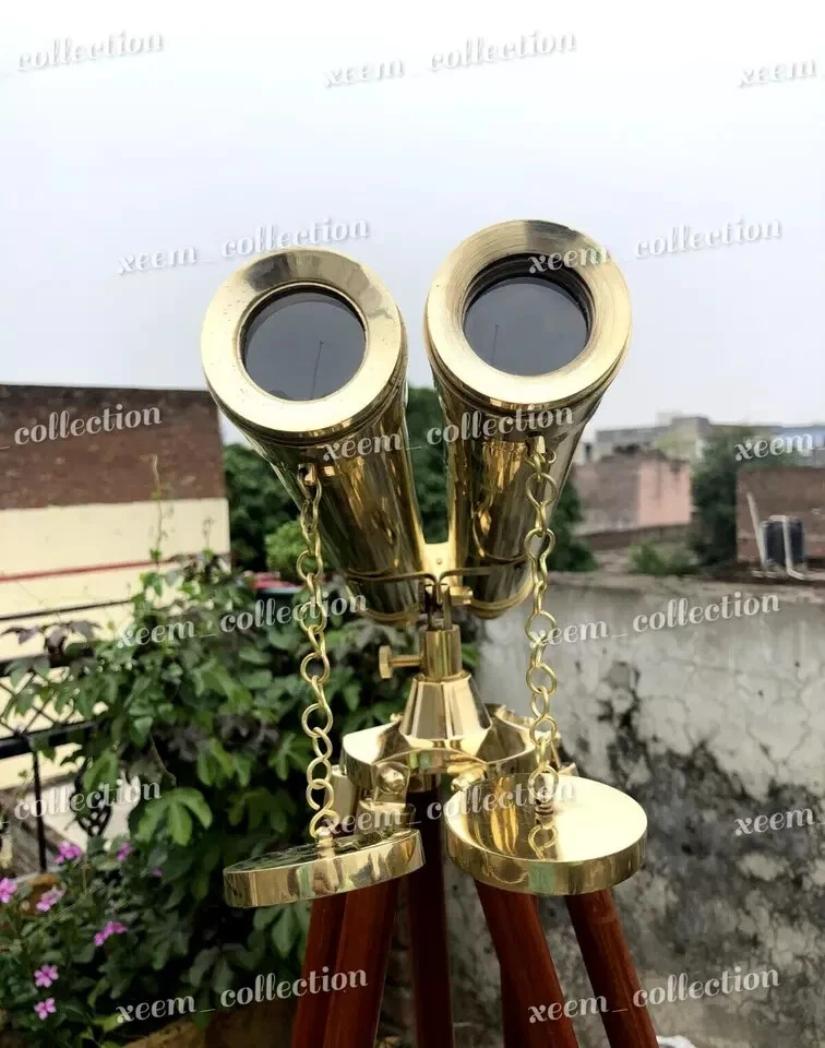 18" Vintage Nautical Brass Classic Style Binocular W/ Wooden Tripod Stand Gift - Image 4 of 4