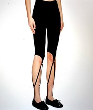 J KOO Band Detail Stirrup Garter Glossy Black Leggings XS