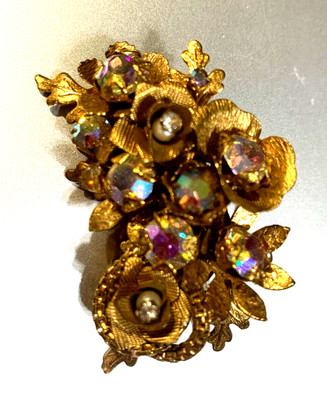 SALE VTG Unsign MIRIAM HASKELL BROOCH Pink AB Rhinestone Ornate Flowers Filigree