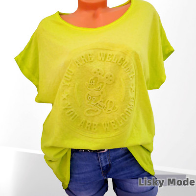Oversized Italy Damen Shirt 3D  Waschung Frontdruck  Mickey Maus Grün 38 40 42
