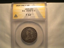 1825/4/2 Capped Bust Quarter B-1 R5 ANACS F 12