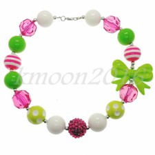 Fashion Women Green Bow Chunky 20mm Beads Gumball Kids Bubblegum Necklace Gift