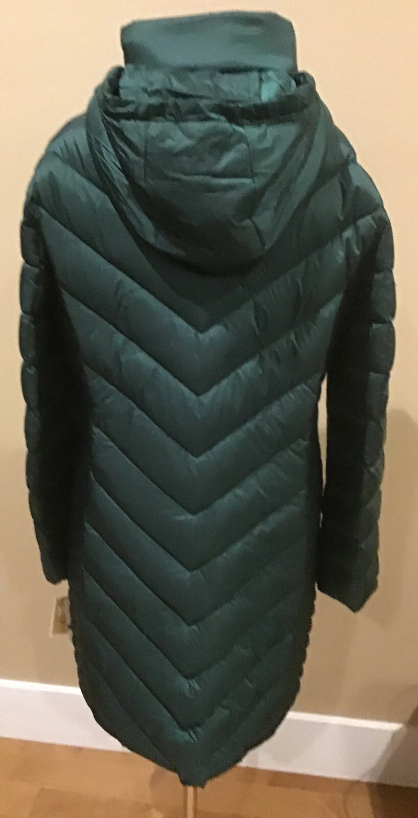 Giacca lunga imbottita Michael Kors nuova con etichetta imbottitura piumino 'L' cappuccio nascosto VERDE