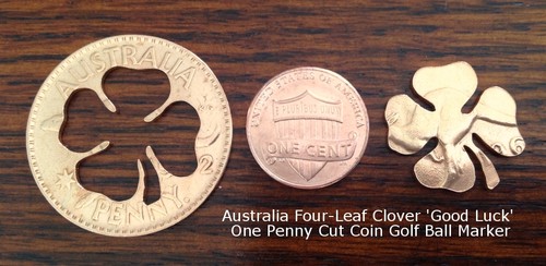 Cut Coin Golf Ball Marker Lucky Four Leaf Clover Good Luck Golfers AU NZ Penny - Picture 6 of 12