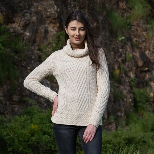 Saol Ladies Turtleneck Ribbed Irish Cable Knit Sweater