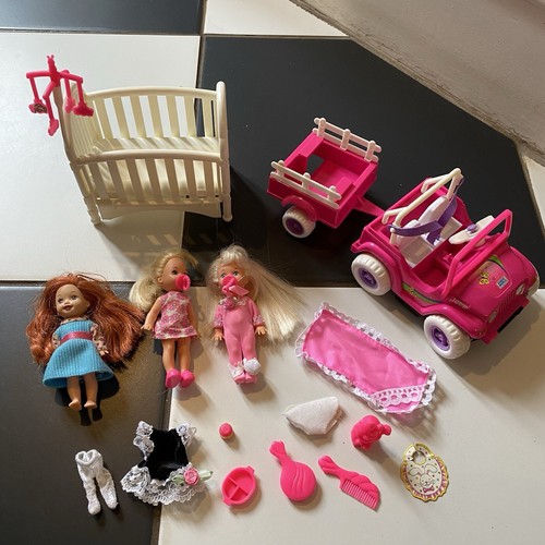 Vintage Shelly/Kelly Barbie Bundle Baby Sister Cot Mattel 90’s Jeep
