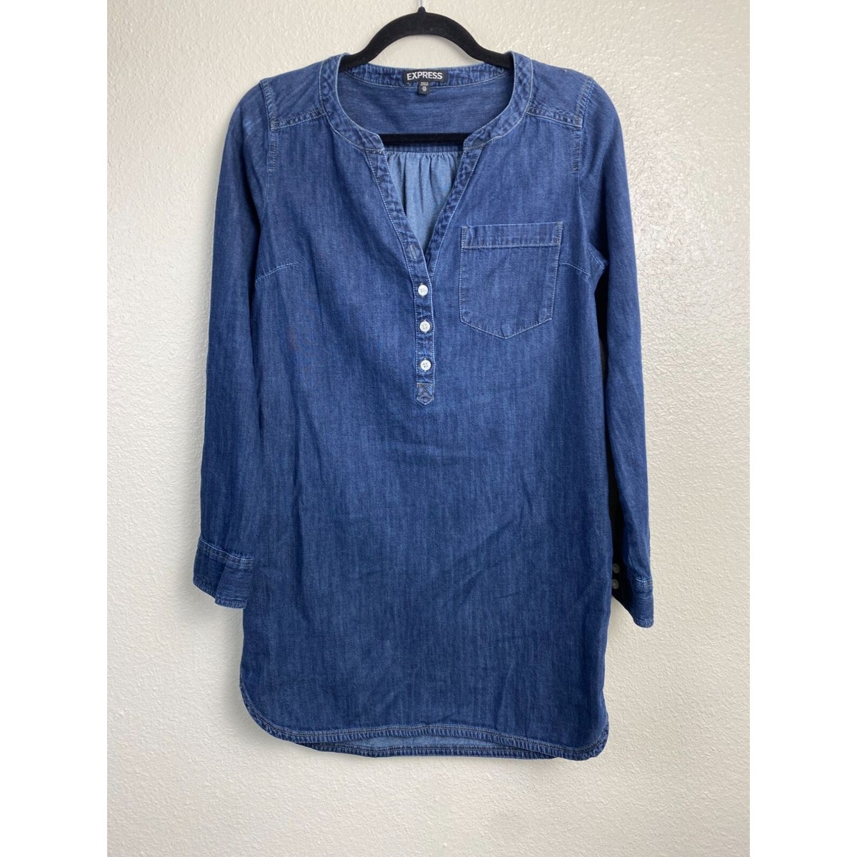 express denim shirt dress Express Chambray Denim Shirt Shift Dress Womens XS Long Sleeve Vacation  Classic