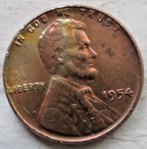 1954-P WHEAT CENT, RED/BROWN WITH BLUE TONING, AU/MS, MINT LUSTER, CIRCULATED
