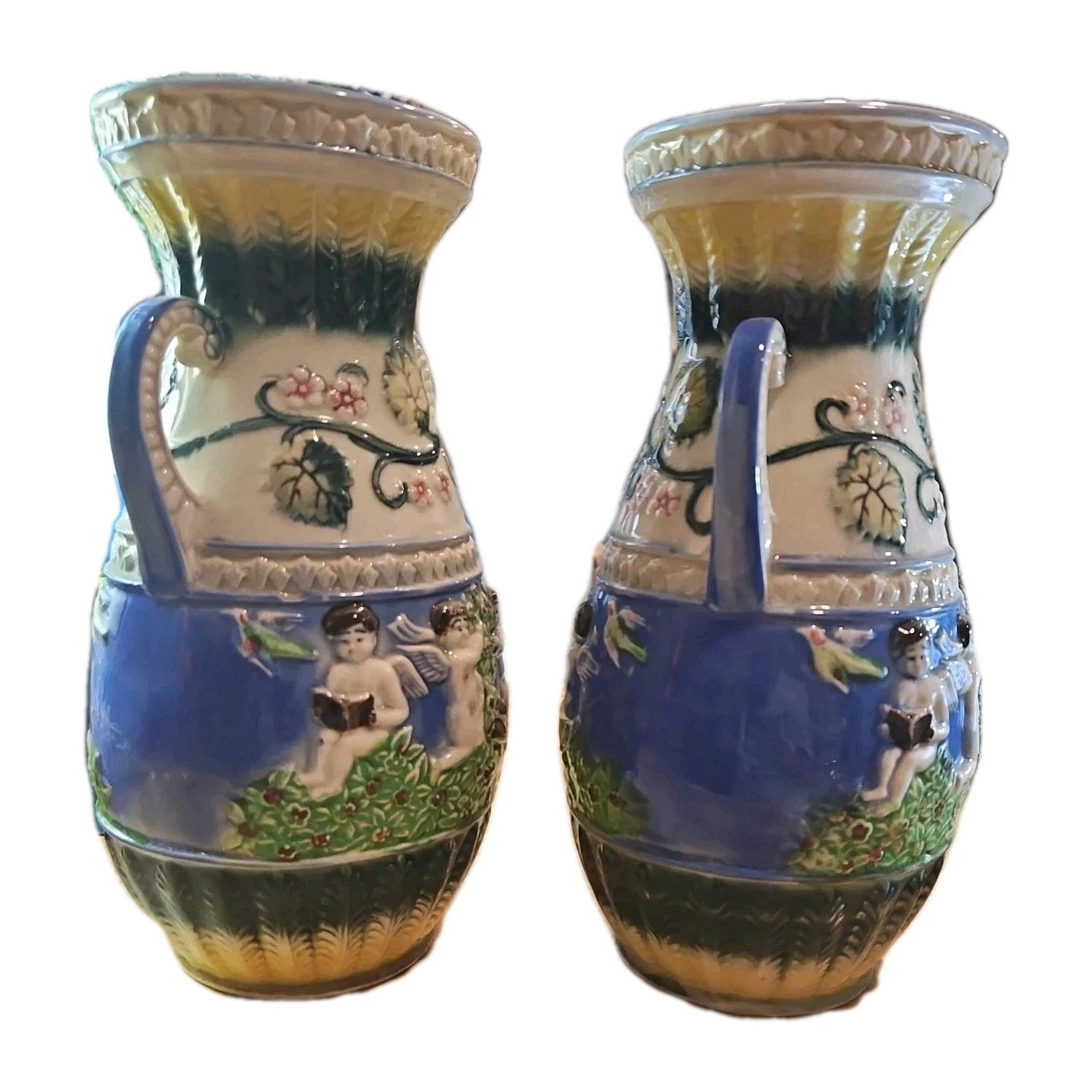 Pair of Vintage Japanese Majolica Porcelain Vases w/ Cherubs in Garden 10.5" EUC