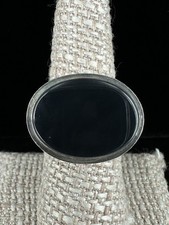 Vintage Sterling Wide Band Oval Dark Wavy Blue Black Agate Onyx Ring Sz 7.5
