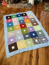 Handcrafted quilted blue twin quilt Comforter Square Pattern 55 X 77 New