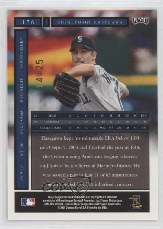 2004 Playoff Honors Credits Gold /25 Shigetoshi Hasegawa #176 - Image 2 of 2