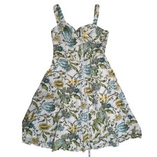 LOFT Floral Fit & Flare Dress Sleeveless Cotton Blend White Green Yellow size 0