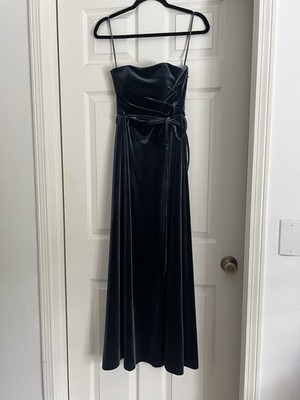 NWT Marchesa Notte Slate Blue Strapless Velvet Maxi Dress with Waist Tie Sz 0