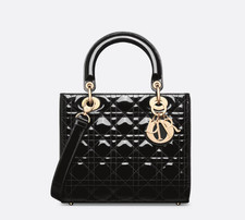 Auth Dior Lady Dior Medium Black Patent Canna...