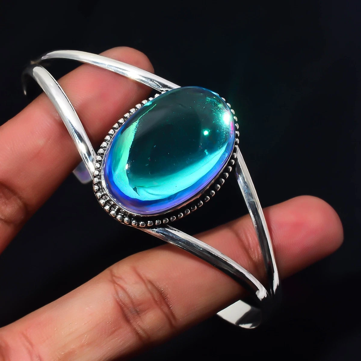 Opalite Gemstone 925 Sterling Silver Handmade Bangle Jewelry Gift For Love