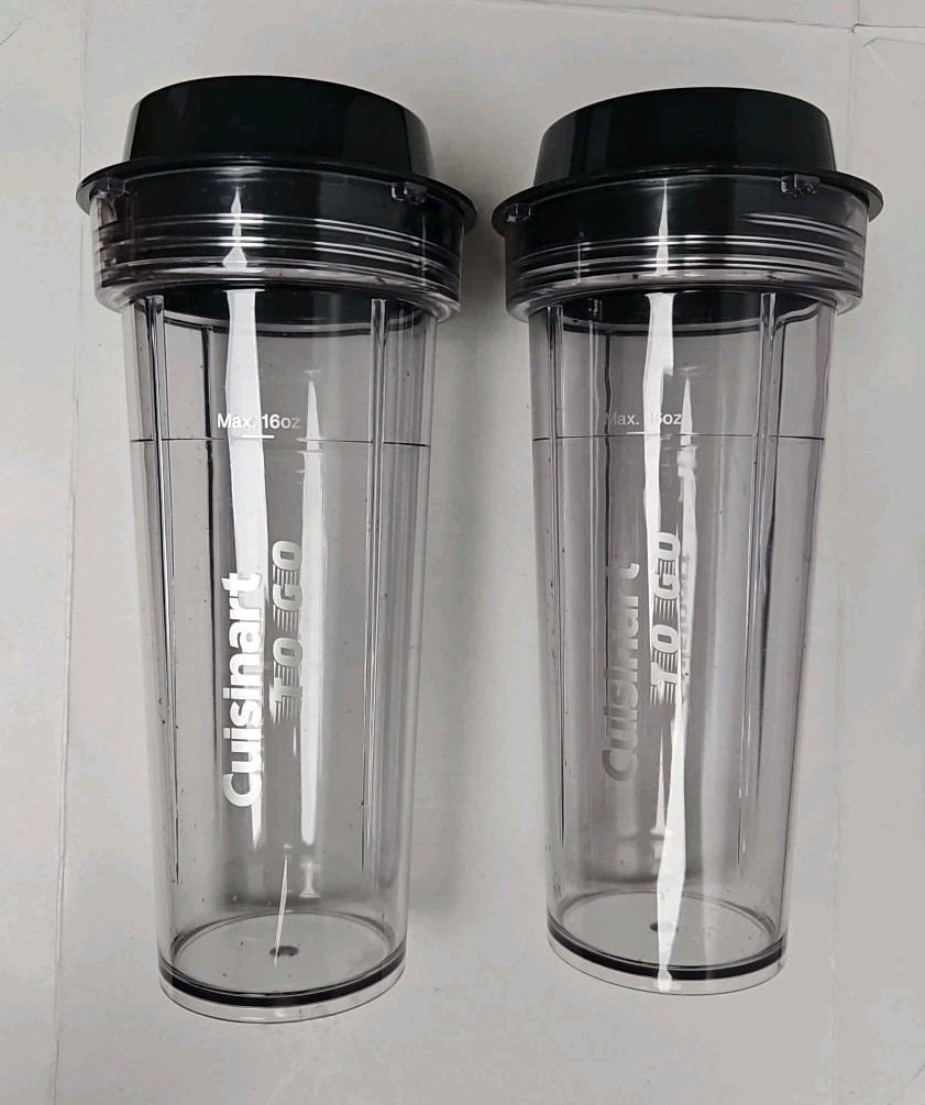 Two Cuisinart To-Go Blender Cups 16 oz Replacement w/ Lids Used Nice Fast Ship 
