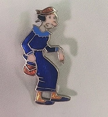 Vintage Enameled Metal Blue Dress OLIVE OYL Popeye The Sailor Man Pin/Broch.